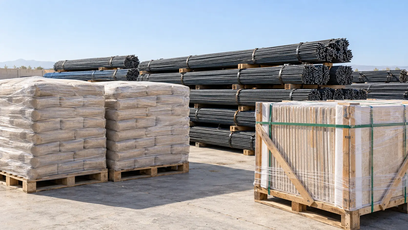 Iranian cement, reinforcing steel and facade stone