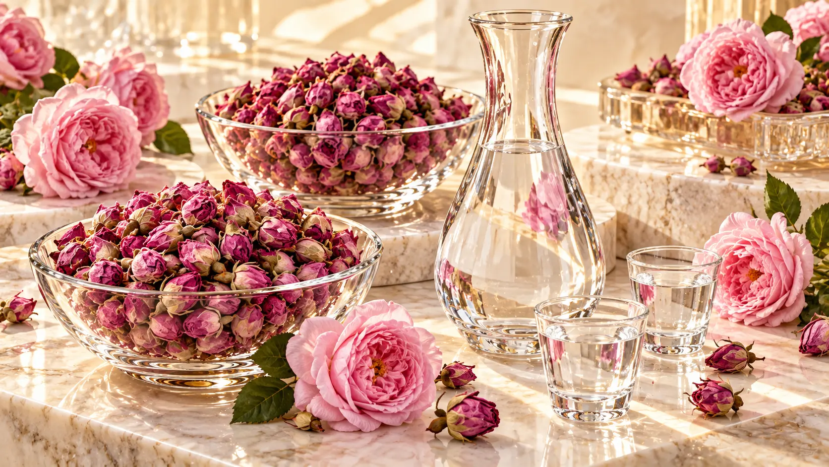 Damask rose, dried rosebuds and rosewater