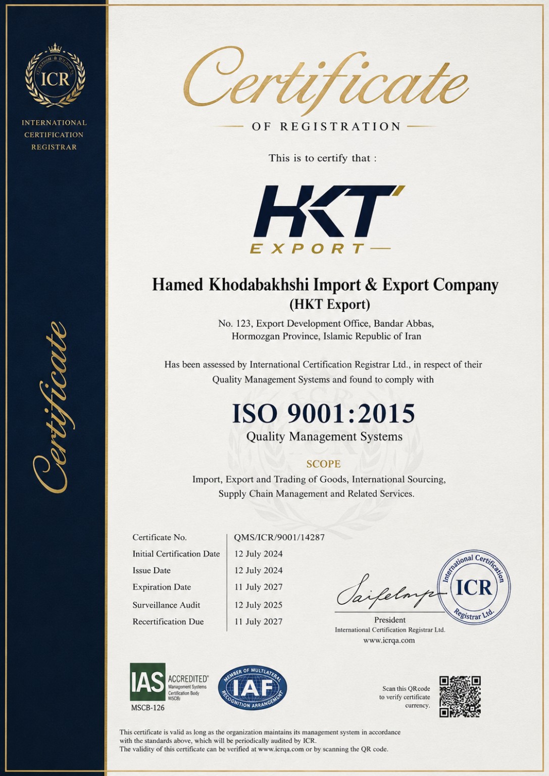 HKT Export ISO 9001:2015 certificate