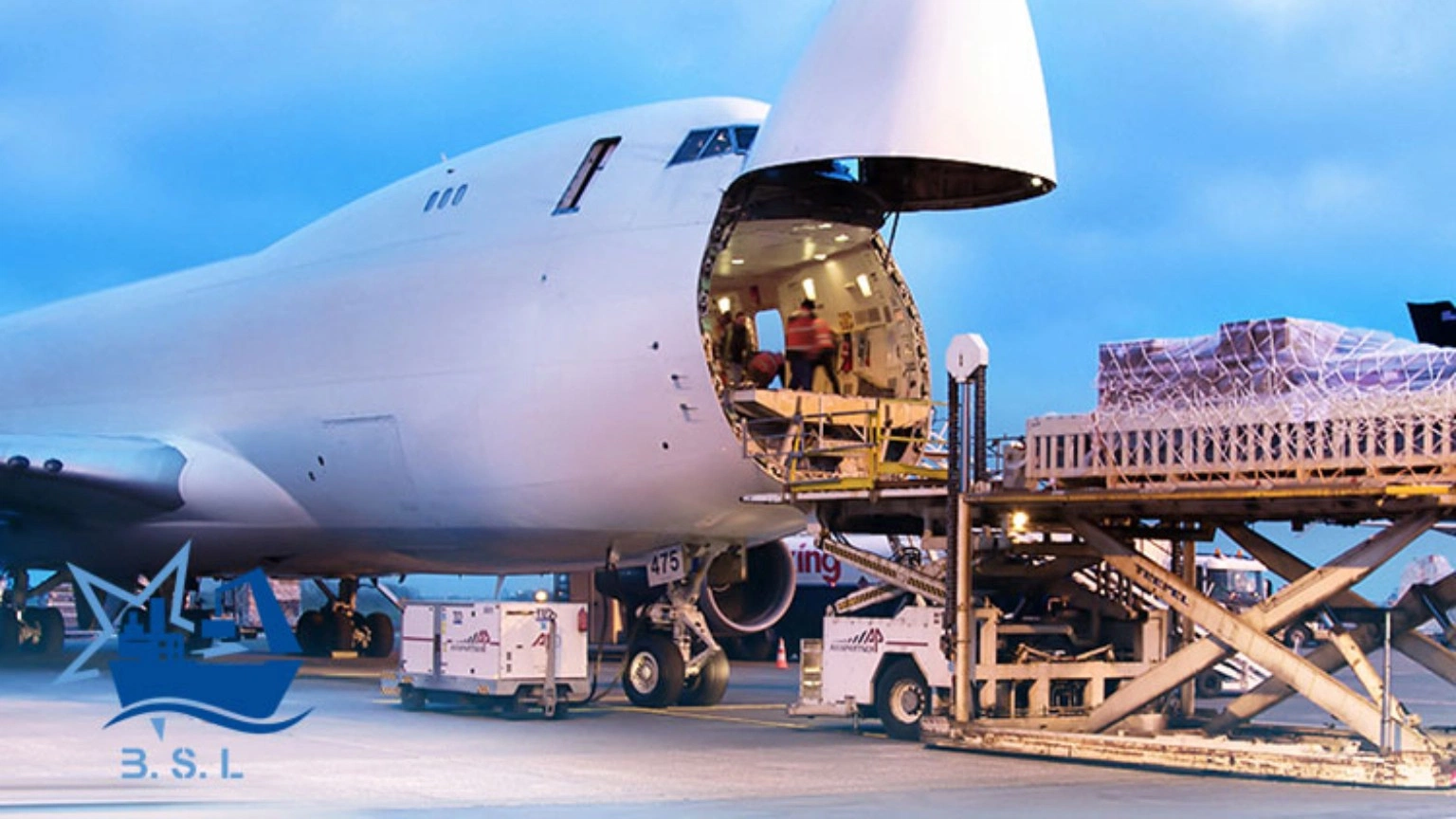 International air cargo loading for urgent export shipment Cargo being loaded into a dedicated air freight aircraft